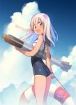  aihara_shouta blonde_hair blue_eyes cloud day flower hair_flower hair_ornament kantai_collection lifebuoy long_hair looking_back one-piece_swimsuit ro-500_(kantai_collection) school_swimsuit sky solo swimsuit tan tanline torpedo 