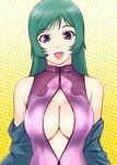  :d bangs bare_shoulders blue_eyes breasts casual_one-piece_swimsuit center_opening cleavage cleavage_cutout eyebrows_visible_through_hair front_zipper_swimsuit gradient gradient_background green_hair halftone halftone_background halterneck happy kotona_elegance large_breasts long_hair looking_at_viewer meme_attire off_shoulder one-piece_swimsuit open_mouth purple_swimsuit shiny shiny_clothes shiny_hair smile solo swimsuit turtleneck ueyama_michirou unzipped upper_body yellow_background zipper zoids zoids_genesis 
