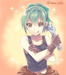  :q adjustable_wrench bangs bare_shoulders bow brown_eyes brown_gloves clothes_around_waist collarbone crop_top gloves green_hair hair_bow high_ponytail jacket_around_waist kantai_collection looking_at_viewer maruki_(punchiki) midriff orange_hair solo sparkle tank_top tongue tongue_out twitter_username upper_body wrench yuubari_(kantai_collection) 