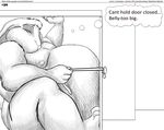  2010 anthro belly big_belly clothed clothing comic english_text eyes_closed faf half-dressed hiding lagomorph male mammal monochrome overweight rabbit solo text thought_bubble topless underwear 