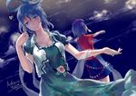  artist_name augetsix back belt blue_dress blue_eyes blue_hair cloud dated dress flower hair_ornament hair_rings hair_stick hat jiangshi kaku_seiga looking_at_viewer miyako_yoshika multiple_girls night ofuda outstretched_arms puffy_sleeves shawl shirt short_hair short_sleeves skirt sky smirk star_(sky) touhou vest zombie_pose 