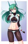  :o bare_shoulders bike_shorts borrowed_character breasts fingerless_gloves gloves green_hair groin headgear highres large_breasts long_hair menou_kaname navel open_mouth original panties panties_over_bike_shorts purple_eyes solo underwear vuccha white_gloves white_panties 