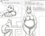  2010 anthro belly big_belly big_breasts breasts canine clothed clothing comic duo english_text faf female food half-dressed hand_on_belly imminent_vore lagomorph male mammal monochrome overweight rabbit smile speech_bubble text topless underwear voluptuous vore 