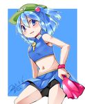  alternate_costume aqua_hair bad_id bad_pixiv_id bare_shoulders bike_shorts blonde_hair blue_eyes blush cheerleader crop_top dated hair_bobbles hair_ornament hat kawashiro_nitori key looking_at_viewer midriff miniskirt navel open_mouth pom_poms shirt short_hair shorts shorts_under_skirt signature skirt skirt_set sleeveless sleeveless_shirt smile solo suzu_keika touhou two_side_up wristband 