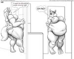  2010 anthro bed belly big_belly big_breasts big_butt breasts butt canine clothed clothing comic english_text faf female fox mammal monochrome navel overweight solo speech_bubble stuck text 