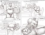  2010 anthro belly big_belly bulge clothed clothing comic eating english_text faf food half-dressed lagomorph licking licking_lips male mammal monochrome overweight rabbit sleeping solo teeth text tongue tongue_out topless underwear 