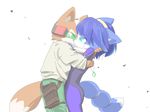  1boy 1girl anthro black_nose blue_eyes blue_fur blue_hair bodysuit brown_fur canine chikyugo clothing duo female fox fox_mccloud fur furry gem green_eyes hair headband headset holster hug jacket jewelry kiss kissing krystal male male/female mammal necklace nintendo short_hair skinsuit star_fox tail tears video_games white_fur 