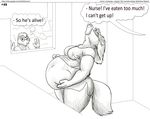  2010 anthro belly big_belly big_breasts breasts canine clothed clothing comic english_text eyewear faf female fox glasses group hand_on_belly lagomorph male mammal monochrome open_mouth overweight rabbit size_difference speech_bubble text thought_bubble vore 