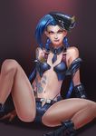  badcompzero blue_hair boots braid female hairline hat jinx_(league_of_legends) league_of_legends lipstick long_hair looking_at_viewer makeup naughty_face navel pink_eyes police_hat police_uniform shorts solo spread_legs tattoo twin_braids 
