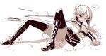  belt_boots black_footwear blush boots breasts cleavage dark_elf dark_skin elf grass knee_boots large_breasts long_hair lying monochrome on_back oota_yuuichi original pointy_ears ponytail sepia skirt solo thighhighs translation_request vambraces 