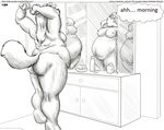  2010 anthro belly big_belly big_breasts big_butt breasts butt canine chubby comic english_text eyes_closed faf female mammal mirror monochrome nipples nude reflection solo stretching text thought_bubble voluptuous 