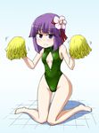  barefoot blush bob_cut cheering flower front_zipper_swimsuit hair_flower hair_ornament hieda_no_akyuu kousei_(public_planet) meme_attire one-piece_swimsuit pom_poms purple_eyes purple_hair solo swimsuit tears touhou 