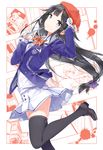 1girl arched_back beret black_hair black_legwear blazer blue_eyes blush bow bowtie cover cover_page fountain_pen hair_bow hair_ornament hat jacket loafers long_hair long_sleeves looking_at_viewer manga_(object) manga_no_kami-sama monochrome_background moriwaka_yuzuriha novel_cover official_art pen pleated_skirt purple_bow school_uniform shoes skindentation skirt sleeves_past_wrists solo_focus souda_iori standing standing_on_one_leg sweater thighhighs tiv 