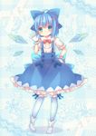  adapted_costume bloomers blue_dress blue_eyes blue_hair bow cirno dress gloves grin hair_bow ice ice_wings pjrmhm_coa puffy_short_sleeves puffy_sleeves shirt short_sleeves smile solo touhou underwear waving white_gloves wings 