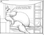  2010 anthro bed belly big_belly big_breasts breasts canine clothed clothing comic english_text faf female fox mammal monochrome one_eye_closed overweight solo speech_bubble text vore 