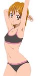  arm_up armpits bra brown_eyes brown_hair futari_wa_precure highres lingerie looking_at_viewer manji_(tenketsu) misumi_nagisa precure short_hair simple_background solo sports_bra underwear underwear_only white_background 