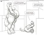  2010 anthro belly big_belly big_breasts breasts canine clothed clothing comic english_text faf female fox group hand_on_belly lagomorph male mammal monochrome overweight rabbit sitting size_difference speech_bubble text vore 