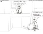  2010 anthro belly big_belly clothed clothing comic duo english_text eyewear faf glasses hand_on_belly lagomorph looking_down looking_up male mammal monochrome overweight rabbit sitting size_difference smile speech_bubble text 