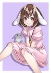  animal_ears between_legs blush bright_pupils brown_hair bunny bunny_ears carrot_necklace dress drop_shadow grin hand_between_legs inaba_tewi jewelry kyon_(fuuran) looking_at_viewer pendant pink_dress puffy_sleeves red_eyes short_hair short_sleeves simple_background smile solo touhou v_arms 