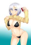  bikini bikini_under_clothes breasts camera clothes_lift ginga_(tugu) hair_ornament hairclip hamakaze_(kantai_collection) kantai_collection large_breasts purple_eyes self_shot short_hair silver_hair solo standing sweater sweater_lift swimsuit swimsuit_under_clothes 