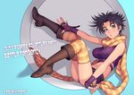  artist_name black_hair blush boots breasts fingerless_gloves genderswap genderswap_(mtf) gloves green_eyes impossible_clothes impossible_shirt jojo_no_kimyou_na_bouken joseph_joestar_(young) kotatsu_(g-rough) large_breasts scarf shirt short_hair short_shorts shorts striped striped_legwear striped_scarf swimsuit thighhighs 
