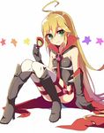  ahoge black_gloves blonde_hair boots busujima_(kusahana) cape doronjo gloves green_eyes leopard_(yatterman) long_hair sitting smile solo star thighhighs time_bokan_(series) white_background white_legwear yatterman yoru_no_yatterman 