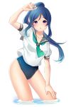  1girl :p arm_up bangs blue_hair blue_swimsuit collarbone contrapposto cropped_legs eyebrows_visible_through_hair floating_hair green_neckwear grey_sailor_collar hair_between_eyes high_ponytail highres long_hair looking_at_viewer love_live! love_live!_sunshine!! matsuura_kanan one-piece_swimsuit parted_bangs purple_eyes sailor_collar shirt short_sleeves shuga_(0329tixi) simple_background solo swimsuit tongue tongue_out very_long_hair wading white_background white_shirt 