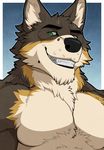  2015 abs aluminemsiren anthro at biceps black_nose canine clenched clothed clothing dog fangs fur half-dressed looking looking_at_viewer male mammal muscles pecs portrait smile solo teeth topless tuft viewer 