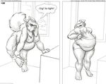  2010 anthro belly bent_over big_belly big_breasts breasts canine clothed clothing comic dressing english_text faf female mammal monochrome nipples nude overweight raised_tail solo speech_bubble text voluptuous 
