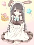  animal_ears apron blush breasts brown_eyes brown_hair bunny_ears cat_ears long_hair looking_at_viewer maid medium_breasts open_mouth original ribbon sitting solo text_focus tounyu_melon 
