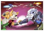  angry anthro arwing bare_shoulders belt black_nose brown_fur canine duo fingerless_gloves fox fox_mccloud fur gloves green_eyes jacket male mammal nintendo open_mouth purple_eyes scarf scottytheman shoulder_pads signature spikes star_fox teeth video_games white_fur wolf wolf_o&#039;donnell wolfen 