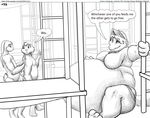  2010 anthro bed belly big_belly big_breasts breasts canine clothed clothing comic english_text faf female fox group half-dressed lagomorph looking_back male mammal monochrome overweight rabbit sitting size_difference smile speech_bubble text topless vore 