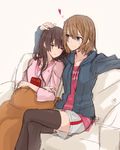  blue_eyes book brown_hair casual choukai_(kantai_collection) eyewear_on_head eyewear_removed glasses hair_ornament heart highres hollomaru kantai_collection maya_(kantai_collection) multiple_girls short_hair sleeping thighhighs yuri 