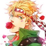  blonde_hair caesar_anthonio_zeppeli catsizuru facial_mark feathers flower green_eyes hair_feathers headband heart jojo_no_kimyou_na_bouken lowres male_focus mouth_hold petals red_flower red_rose rose solo 