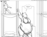  2010 anthro bed belly big_belly big_breasts breasts canine clothed clothing comic duo english_text faf female fox half-dressed holding lagomorph male mammal monochrome neck_bulge open_mouth overweight rabbit size_difference speech_bubble swallowing text topless vore 