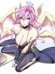  angel archangel_metatron_(p&amp;d) bare_shoulders blue_eyes book breasts choker cleavage fountain_pen halo highres huge_breasts jewelry kumiko_shiba lips long_hair looking_at_viewer low_wings multiple_wings pen pink_hair pink_lips puzzle_&amp;_dragons ring simple_background sitting solo wariza wavy_hair white_background wings 