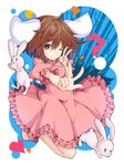  animal_ears barefoot brown_eyes brown_hair bunny bunny_ears carrot dress heart highres inaba_tewi ishimu jewelry kneeling necklace one_eye_closed pendant pink_dress pose puffy_short_sleeves puffy_sleeves short_hair short_sleeves smile solo touhou v 