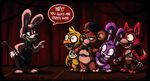  animatronic avian bear bib bird blue_eyes bonnie_(fnaf) bow_tie canine chica_(fnaf) chicken clothing eye_patch eyewear five_nights_at_freddy&#039;s fox foxy_(fnaf) freddy_(fnaf) fur hair hat hook lagomorph machine mammal mechanical pink_eyes pink_hair rabbit red_eyes robbie_the_rabbit robot silent_hill smile video_games weapon yellow_eyes 