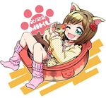  :3 animal_ears brown_hair calico cat cat_ears character_name closed_eyes dated emu_(toran) fang flower green_eyes hair_flower hair_ornament idolmaster idolmaster_cinderella_girls jewelry maekawa_miku necklace no_shoes one_eye_closed open_mouth paw_print pink_legwear short_hair socks solo unmoving_pattern 