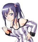  bare_shoulders blue_hair blush book breasts cleavage collarbone detached_sleeves holding imai_midori leaning_forward long_hair long_sleeves looking_at_viewer medium_breasts off_shoulder onsoku_maru purple_eyes shiny shiny_hair shirobako shirt side_ponytail smile solo striped striped_shirt vertical-striped_shirt vertical_stripes 