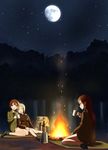  backpack bag blanket blonde_hair blush bottle brown_eyes brown_hair campfire camping cup dark erica_hartmann fire gertrud_barkhorn head_on_shoulder highres holding kaneko_(novram58) kettle long_hair mess_kit minna-dietlinde_wilcke moon multiple_girls neck_ribbon night night_sky open_mouth red_hair ribbon short_hair sitting sky sleeping sleeping_on_person sleeping_upright smile star_(sky) starry_sky strike_witches tree twintails uniform wariza wine_bottle world_witches_series 