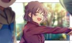  1boy 1girl :d blurry blurry_background blurry_foreground brown_hair eyes_closed haibara_ai lens_flare long_sleeves meitantei_conan monicanc open_mouth outstretched_arm red_sweater short_hair smile sweater twitter_username 