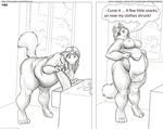  2010 anthro belly bent_over big_belly big_breasts breasts canine clothing comic english_text faf female mammal monochrome nipples nude overweight raised_tail solo speech_bubble text voluptuous 