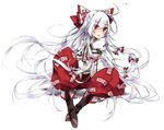  albino belt boots bow downscaled fujiwara_no_mokou full_body hair_bow hair_ornament long_hair long_sleeves looking_at_viewer md5_mismatch ofuda open_mouth pants puffy_sleeves red_eyes resized shirt simple_background sitting solo touhou toutenkou white_background white_hair 