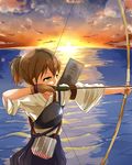  aiming archery arrow bow_(weapon) brown_eyes brown_hair drawing_bow gloves hamaru_(s5625t) highres holding holding_arrow holding_bow_(weapon) holding_weapon kaga_(kantai_collection) kantai_collection kyuudou muneate ocean outstretched_arm partly_fingerless_gloves ponytail short_hair solo sunset water weapon yugake 