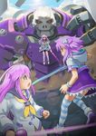  beam_saber choujigen_game_neptune_mk2 commentary_request conquest_end dark_persona dual_persona floating_hair glowing glowing_sword glowing_weapon holding holding_sword holding_weapon long_hair long_sleeves looking_back monster multiple_girls neckerchief nepgear neptune_(choujigen_game_neptune) neptune_(series) purple_hair red_eyes school_uniform segamark serafuku shaded_face siblings sisters striped striped_legwear sword thighhighs time_paradox very_long_hair weapon zettai_ryouiki 