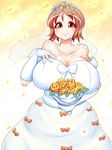  1girl bare_shoulders blush breasts brown_eyes brown_hair collarbone crown curvy female flower gloves huge_breasts looking_at_viewer plump ribbon short_hair sina_and_d smile solo standing thick_thighs wedding_dress wide_hips 