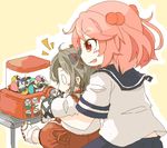  2girls brown_hair fang hachimaki hair_bobbles hair_ornament headband kantai_collection long_sleeves multiple_girls open_mouth pink_hair red_eyes sazanami_(kantai_collection) school_uniform serafuku short_hair skirt tamute_(2580rs) younger zuihou_(kantai_collection) 