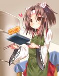  apron brown_eyes brown_hair chopsticks flipping_food food frying_pan headband heart kantai_collection kona_matsu long_hair omelet rectangular_frying_pan smile zuihou_(kantai_collection) 