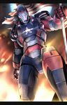  american_flag arm_at_side armor armored_bodysuit bodysuit flag from_below glowing gomibako_(shirokumatei) holding iron_man_(comics) iron_patriot james_rhodes letterboxed looking_at_viewer male_focus marvel power_armor solo standing war_machine 
